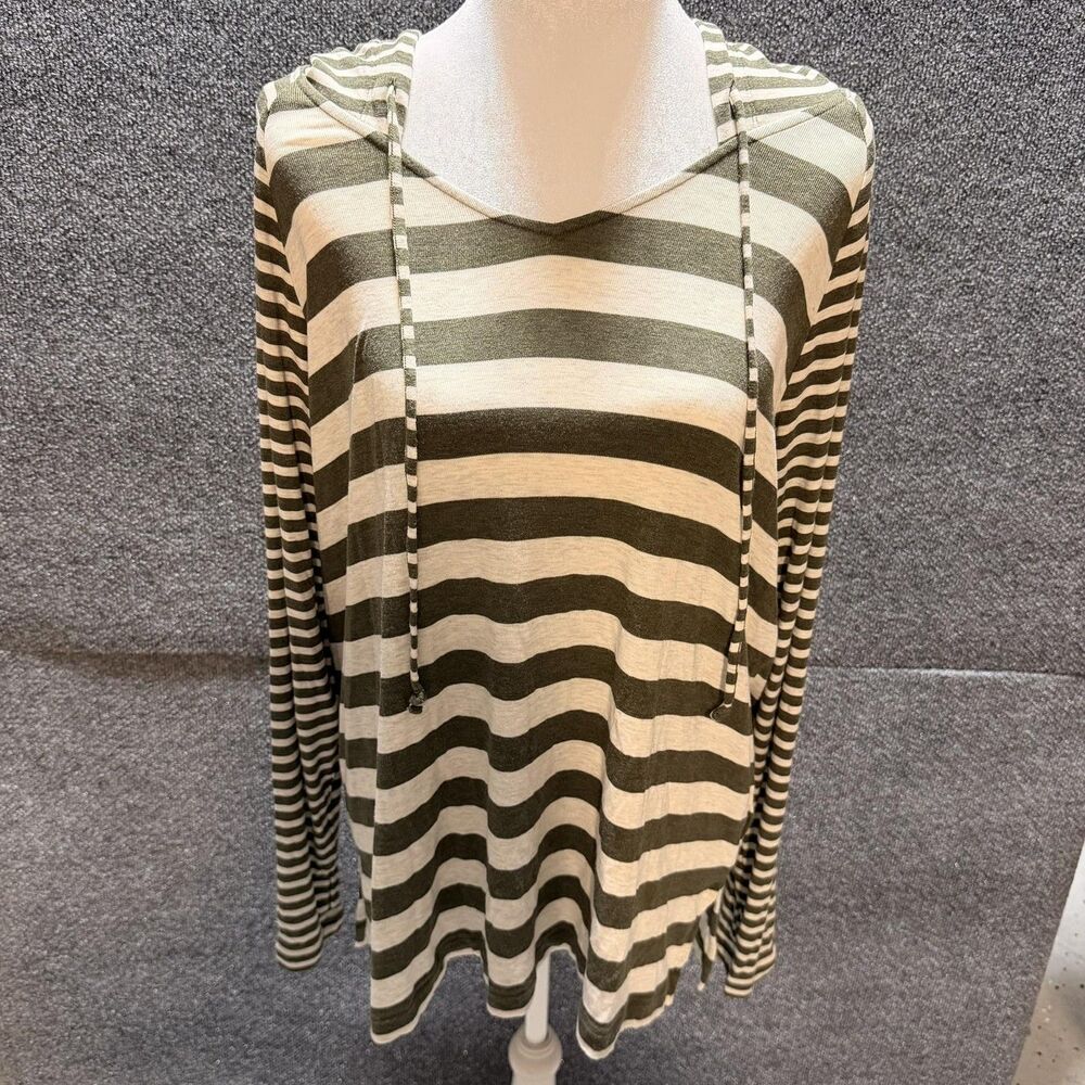 CAbi Shirt Womens Medium Green Stripe Hooded V Neck Long Sleeve Tunic Top